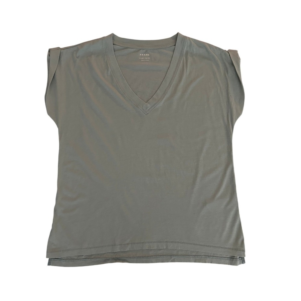 FRAME Sage Green V-Neck Cuffed Cap Sleeve Cotton T-Shirt XS (1270)